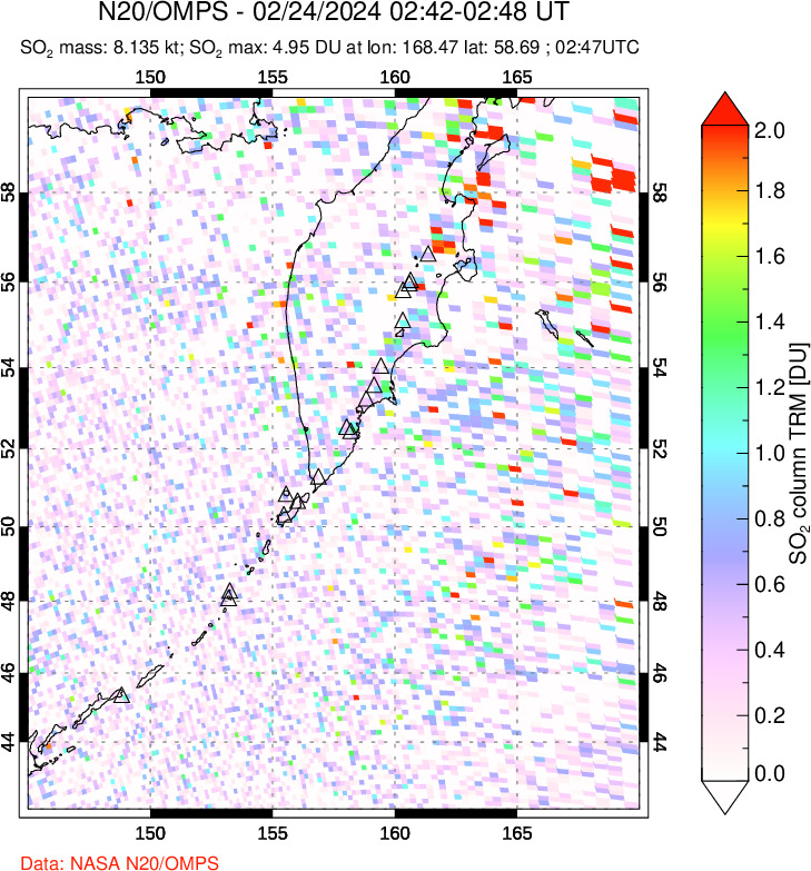 A sulfur dioxide image over Kamchatka, Russian Federation on Feb 24, 2024.