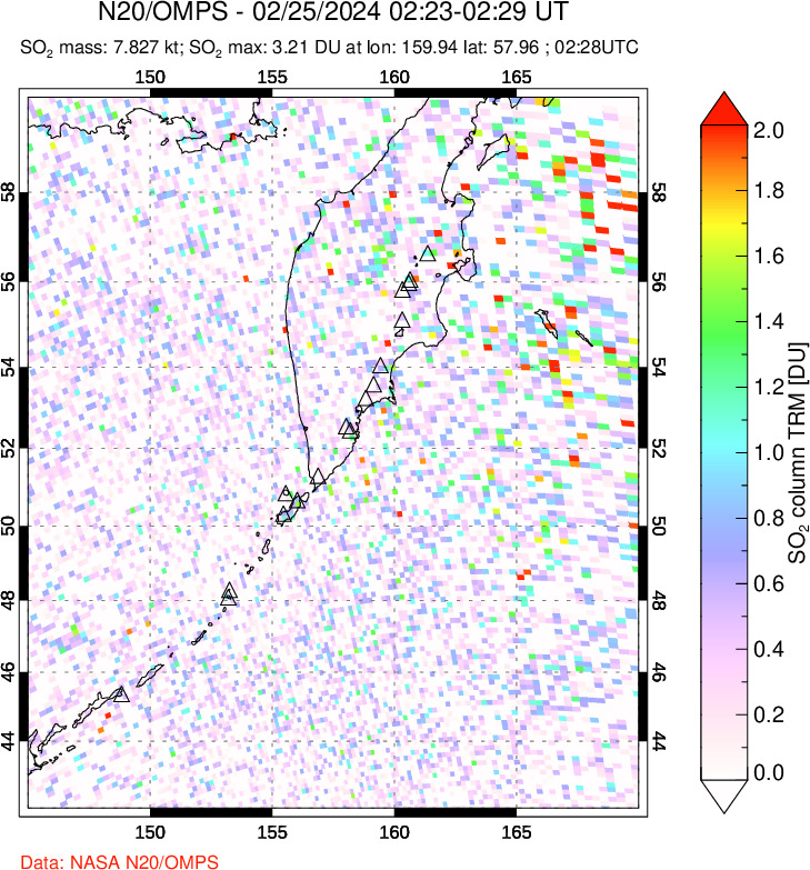 A sulfur dioxide image over Kamchatka, Russian Federation on Feb 25, 2024.