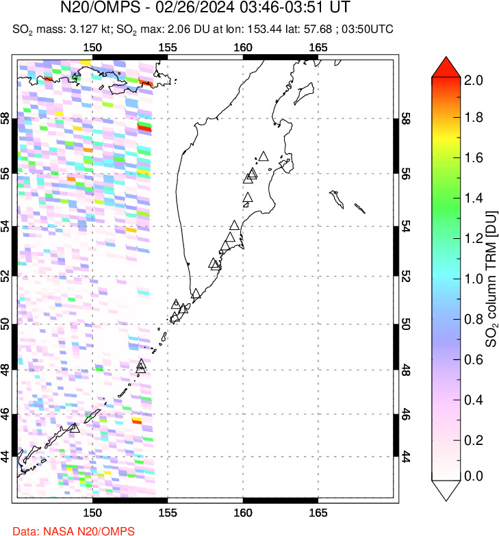 A sulfur dioxide image over Kamchatka, Russian Federation on Feb 26, 2024.