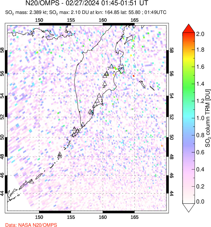 A sulfur dioxide image over Kamchatka, Russian Federation on Feb 27, 2024.