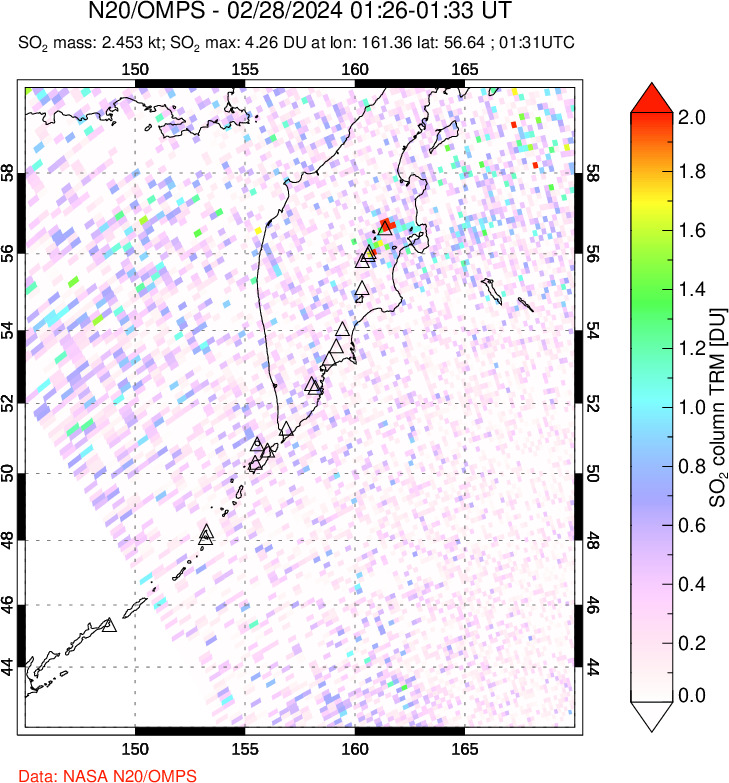 A sulfur dioxide image over Kamchatka, Russian Federation on Feb 28, 2024.