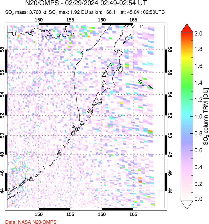 A sulfur dioxide image over Kamchatka, Russian Federation on Feb 29, 2024.