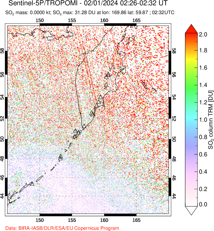 A sulfur dioxide image over Kamchatka, Russian Federation on Feb 01, 2024.