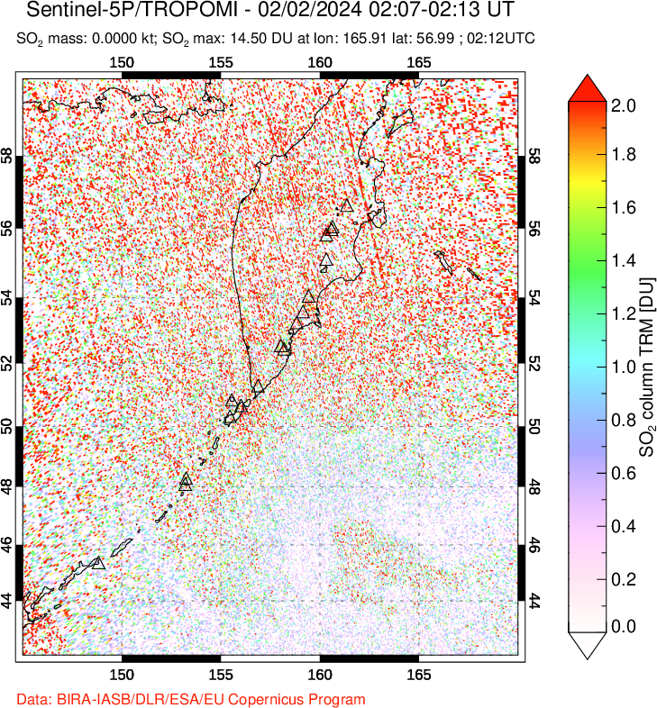 A sulfur dioxide image over Kamchatka, Russian Federation on Feb 02, 2024.