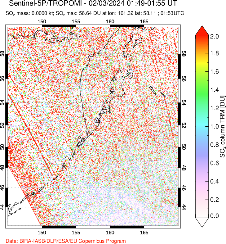 A sulfur dioxide image over Kamchatka, Russian Federation on Feb 03, 2024.