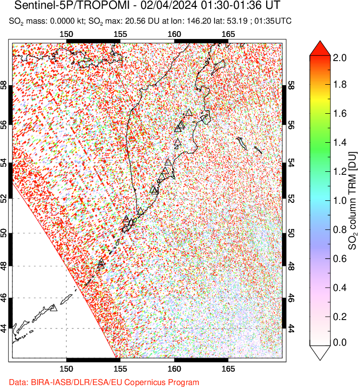 A sulfur dioxide image over Kamchatka, Russian Federation on Feb 04, 2024.