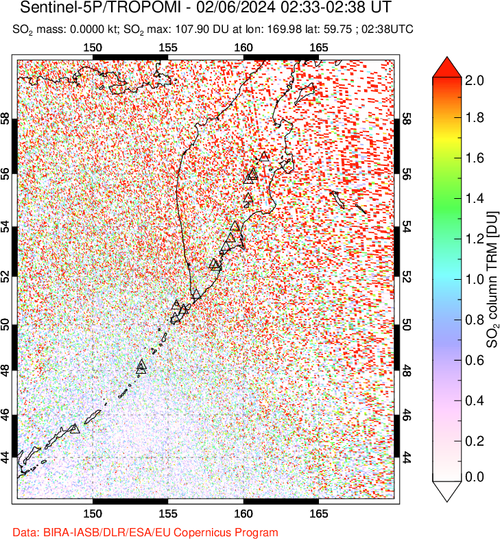 A sulfur dioxide image over Kamchatka, Russian Federation on Feb 06, 2024.