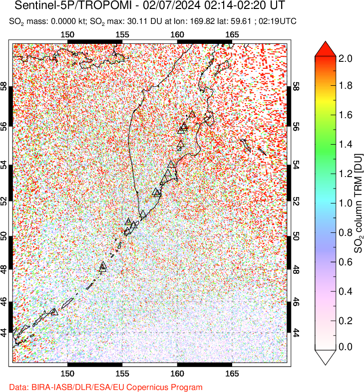 A sulfur dioxide image over Kamchatka, Russian Federation on Feb 07, 2024.