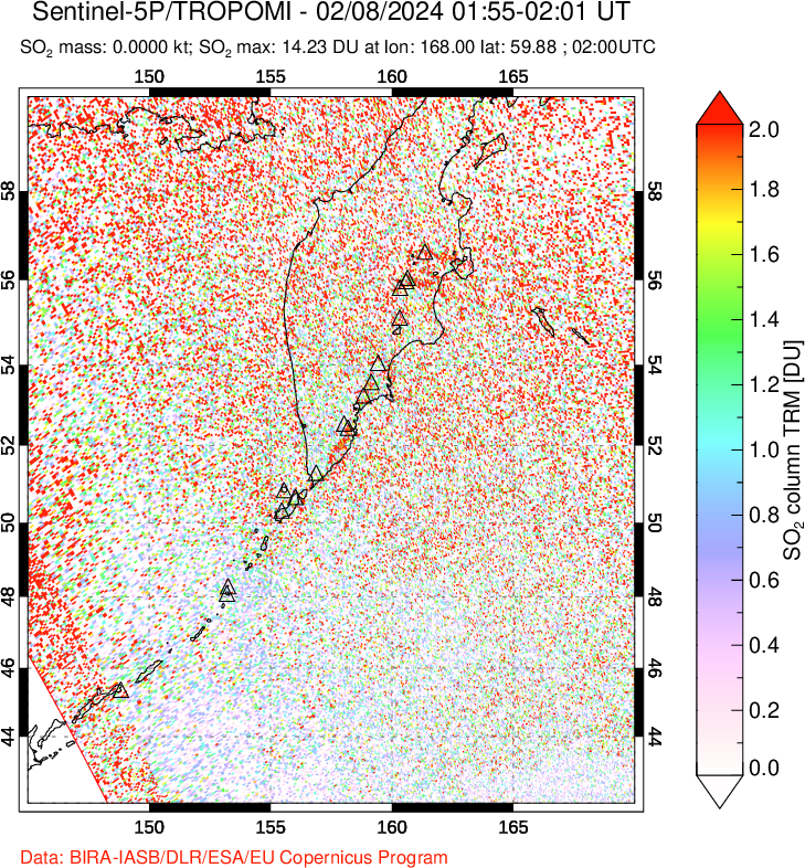 A sulfur dioxide image over Kamchatka, Russian Federation on Feb 08, 2024.