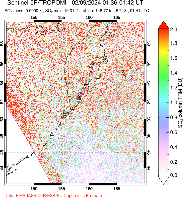 A sulfur dioxide image over Kamchatka, Russian Federation on Feb 09, 2024.