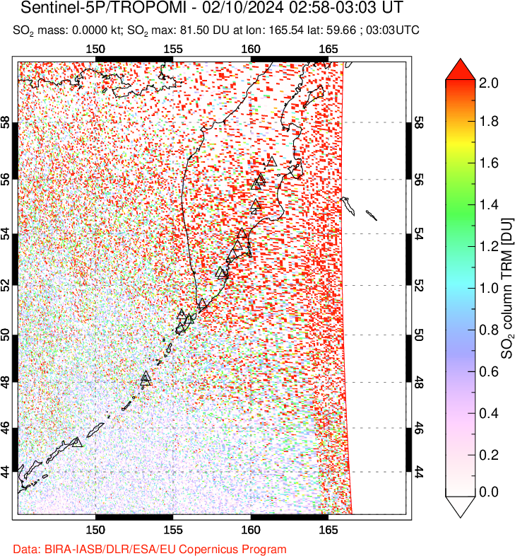 A sulfur dioxide image over Kamchatka, Russian Federation on Feb 10, 2024.