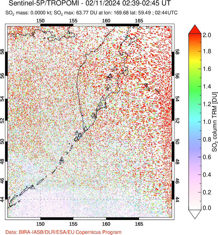 A sulfur dioxide image over Kamchatka, Russian Federation on Feb 11, 2024.