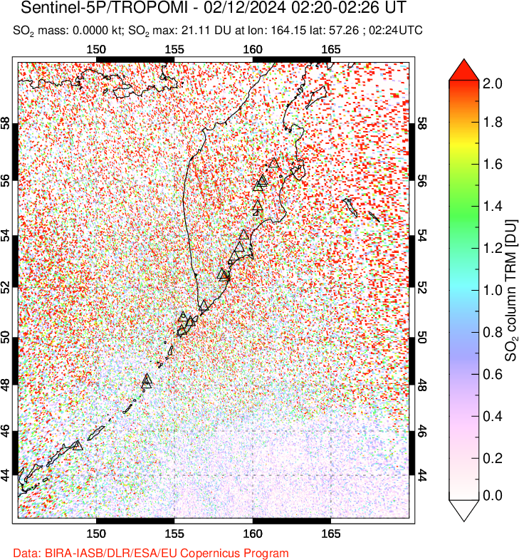 A sulfur dioxide image over Kamchatka, Russian Federation on Feb 12, 2024.