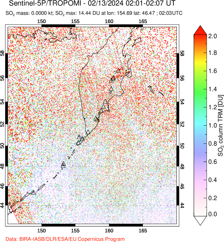 A sulfur dioxide image over Kamchatka, Russian Federation on Feb 13, 2024.