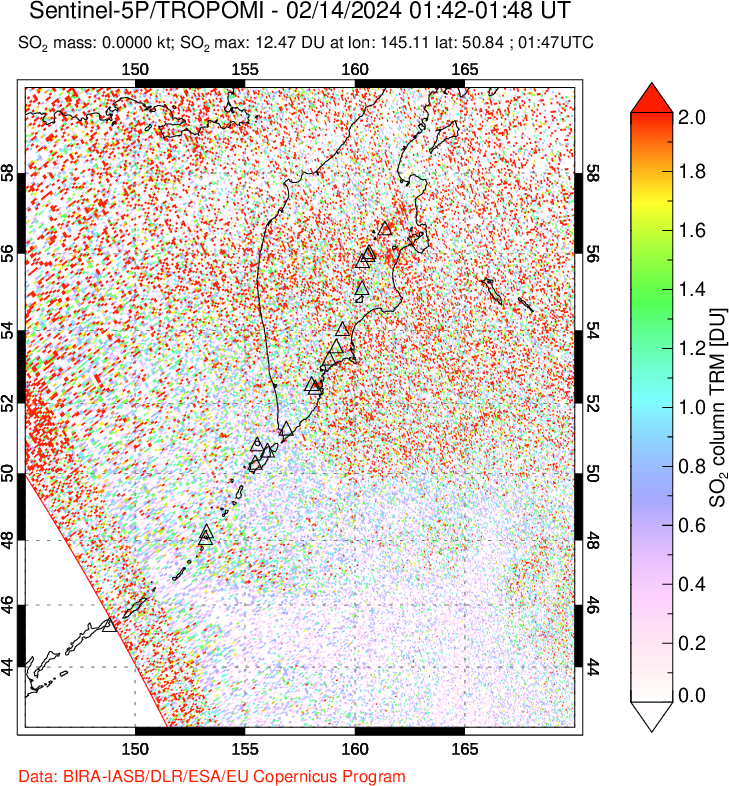 A sulfur dioxide image over Kamchatka, Russian Federation on Feb 14, 2024.