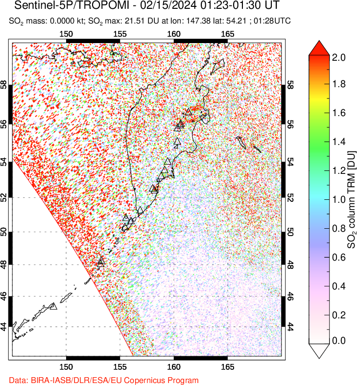 A sulfur dioxide image over Kamchatka, Russian Federation on Feb 15, 2024.