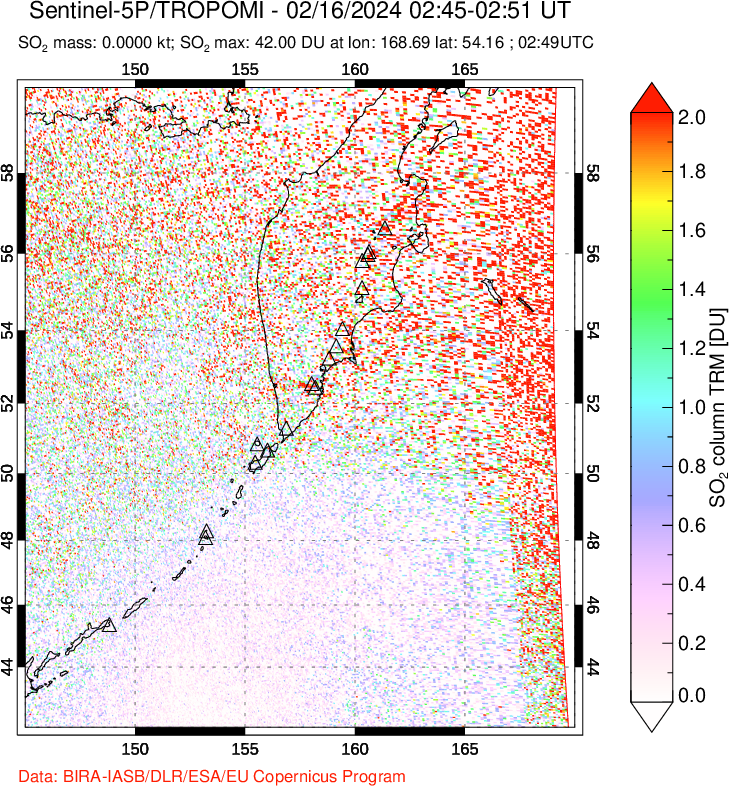 A sulfur dioxide image over Kamchatka, Russian Federation on Feb 16, 2024.