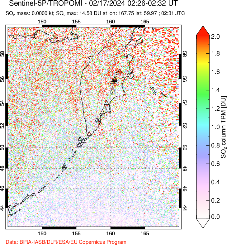 A sulfur dioxide image over Kamchatka, Russian Federation on Feb 17, 2024.