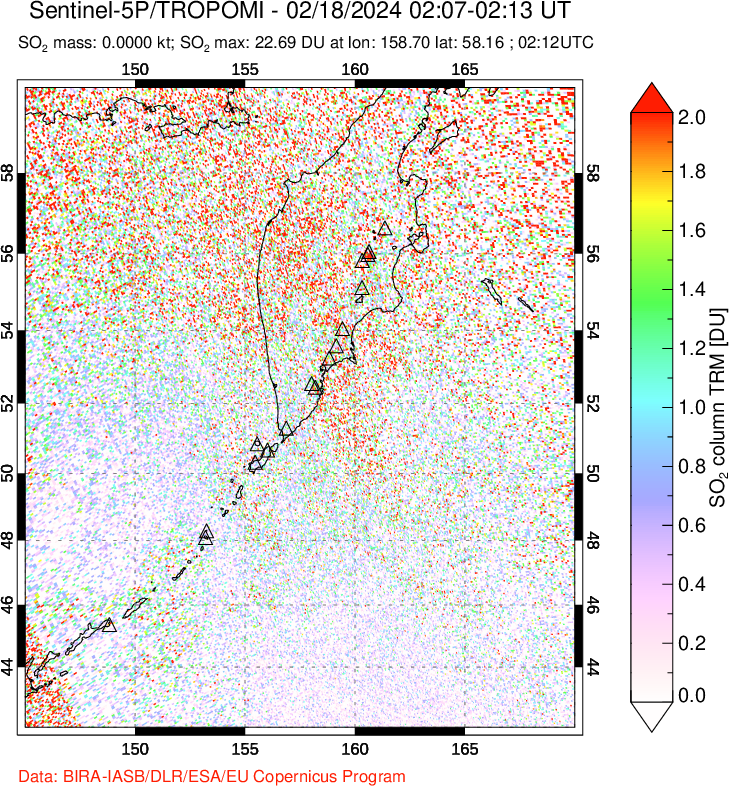 A sulfur dioxide image over Kamchatka, Russian Federation on Feb 18, 2024.