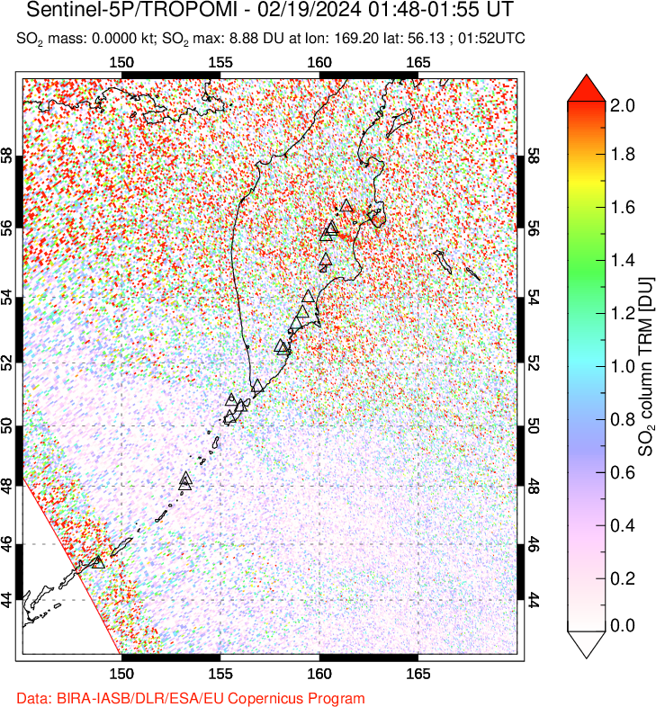 A sulfur dioxide image over Kamchatka, Russian Federation on Feb 19, 2024.