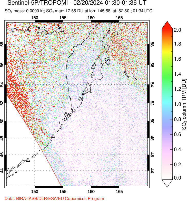 A sulfur dioxide image over Kamchatka, Russian Federation on Feb 20, 2024.