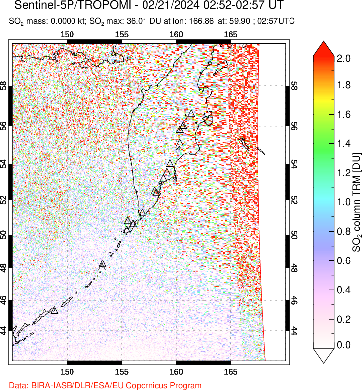 A sulfur dioxide image over Kamchatka, Russian Federation on Feb 21, 2024.