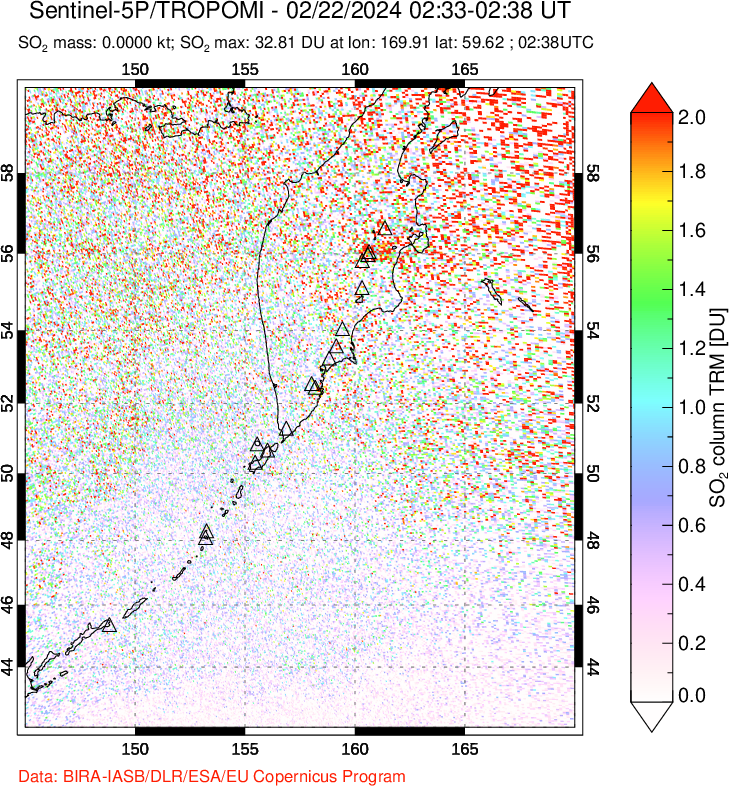 A sulfur dioxide image over Kamchatka, Russian Federation on Feb 22, 2024.