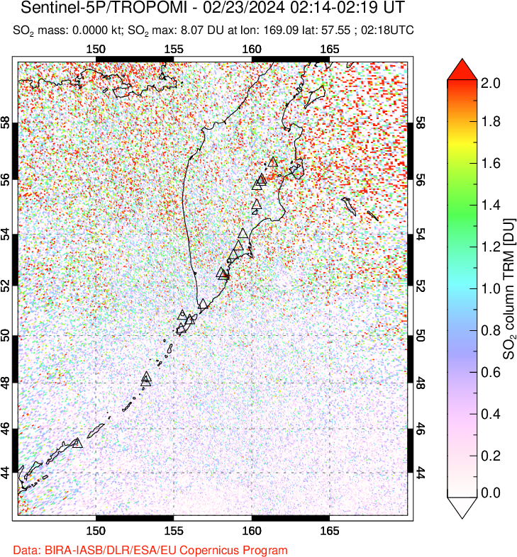 A sulfur dioxide image over Kamchatka, Russian Federation on Feb 23, 2024.