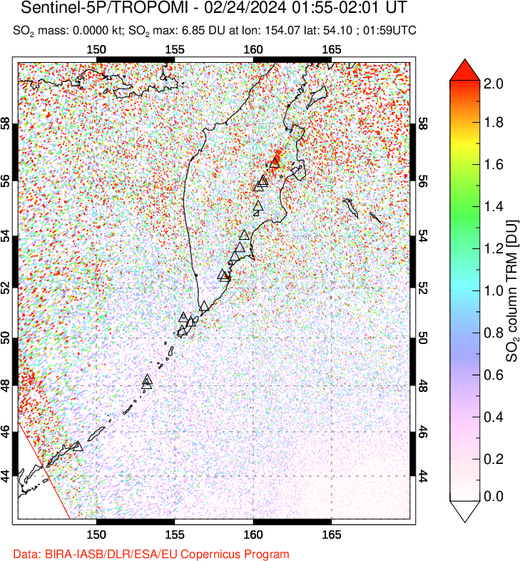 A sulfur dioxide image over Kamchatka, Russian Federation on Feb 24, 2024.