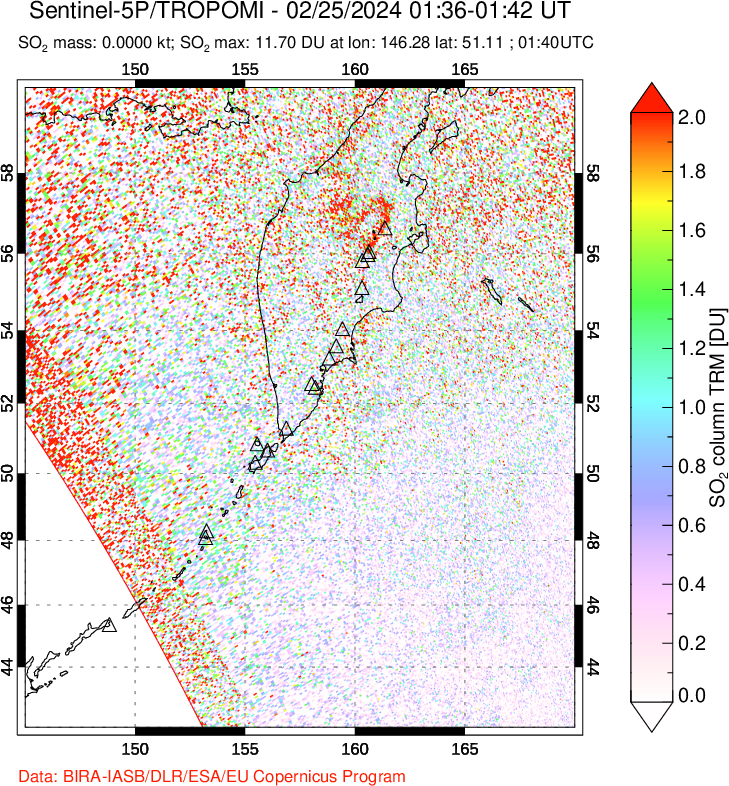 A sulfur dioxide image over Kamchatka, Russian Federation on Feb 25, 2024.