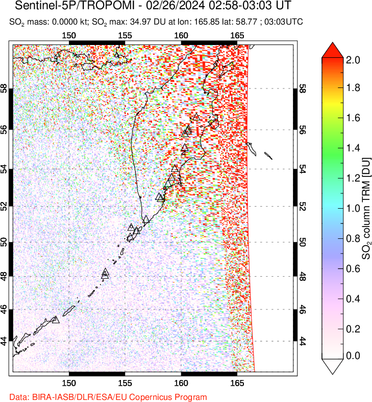 A sulfur dioxide image over Kamchatka, Russian Federation on Feb 26, 2024.