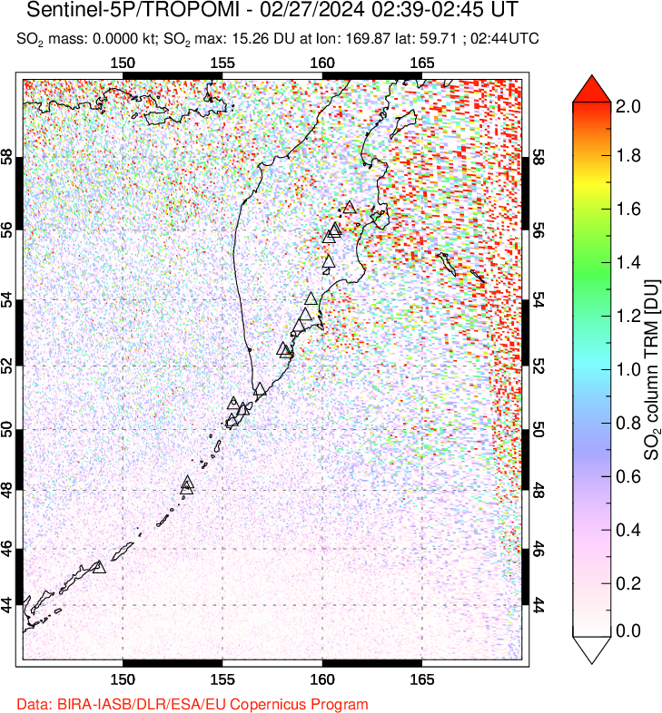 A sulfur dioxide image over Kamchatka, Russian Federation on Feb 27, 2024.