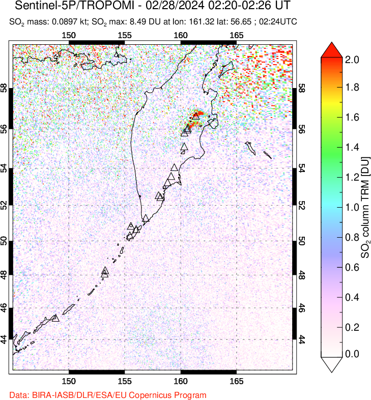 A sulfur dioxide image over Kamchatka, Russian Federation on Feb 28, 2024.