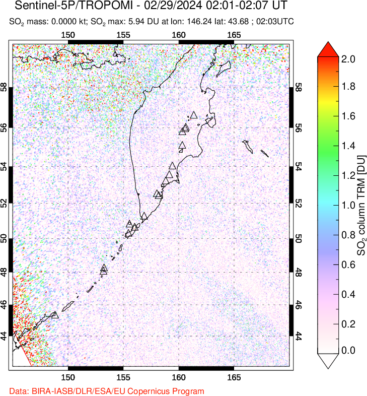 A sulfur dioxide image over Kamchatka, Russian Federation on Feb 29, 2024.