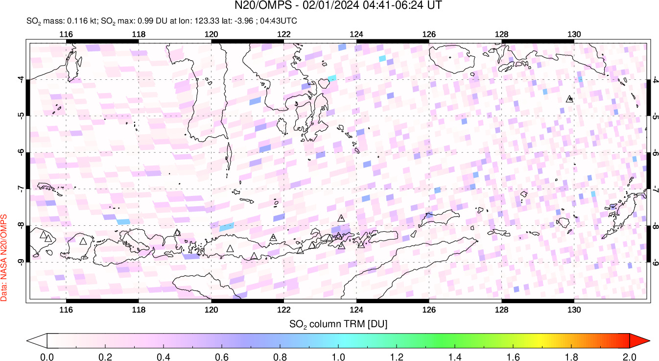 A sulfur dioxide image over Lesser Sunda Islands, Indonesia on Feb 01, 2024.