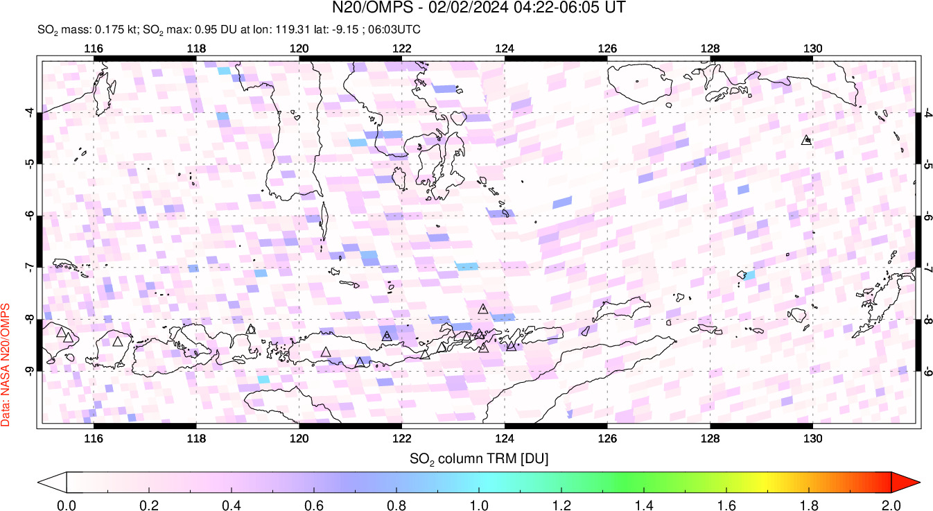 A sulfur dioxide image over Lesser Sunda Islands, Indonesia on Feb 02, 2024.