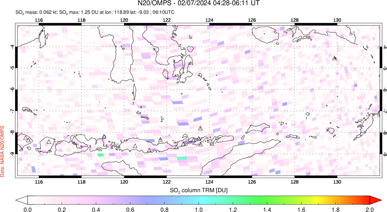 A sulfur dioxide image over Lesser Sunda Islands, Indonesia on Feb 07, 2024.