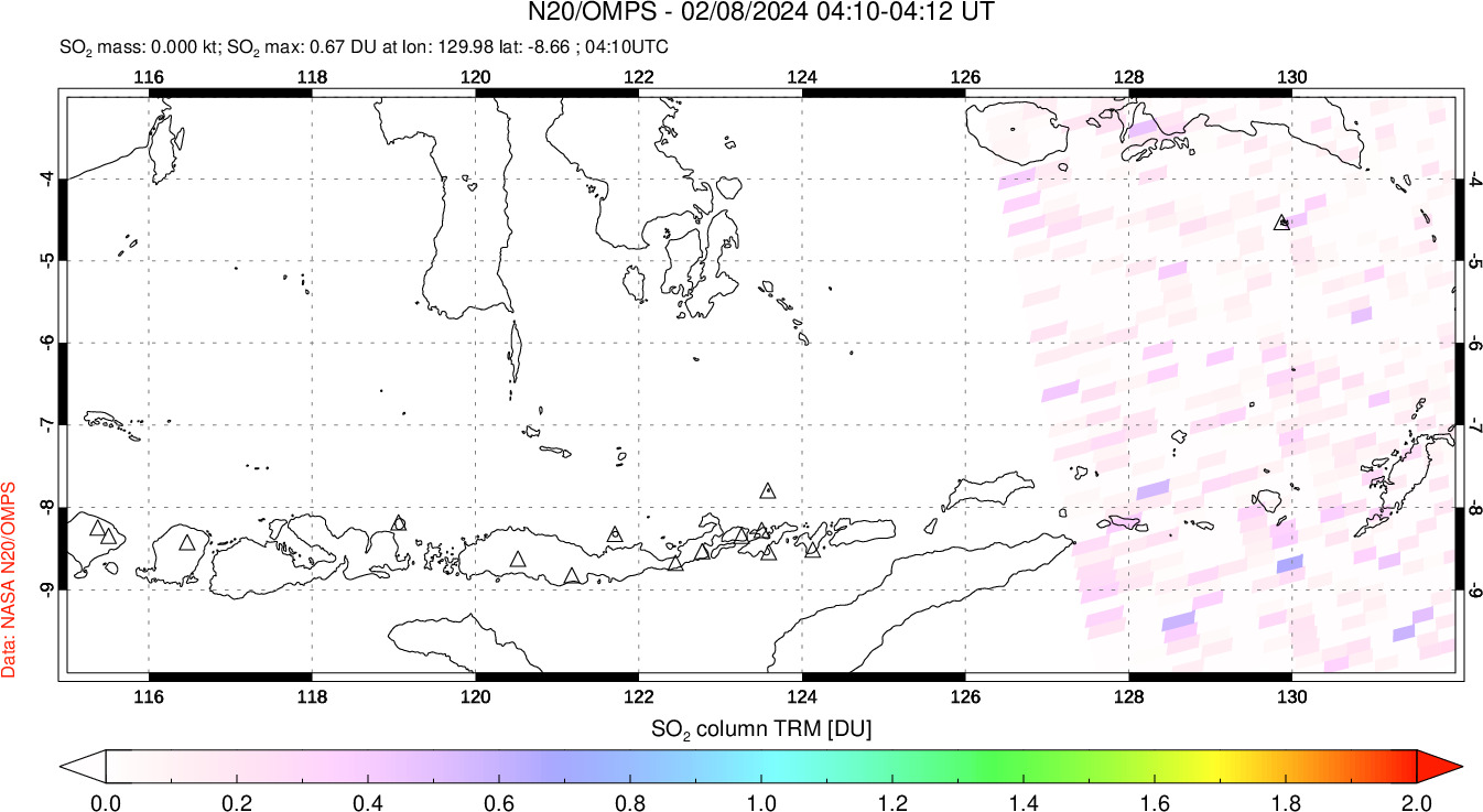 A sulfur dioxide image over Lesser Sunda Islands, Indonesia on Feb 08, 2024.