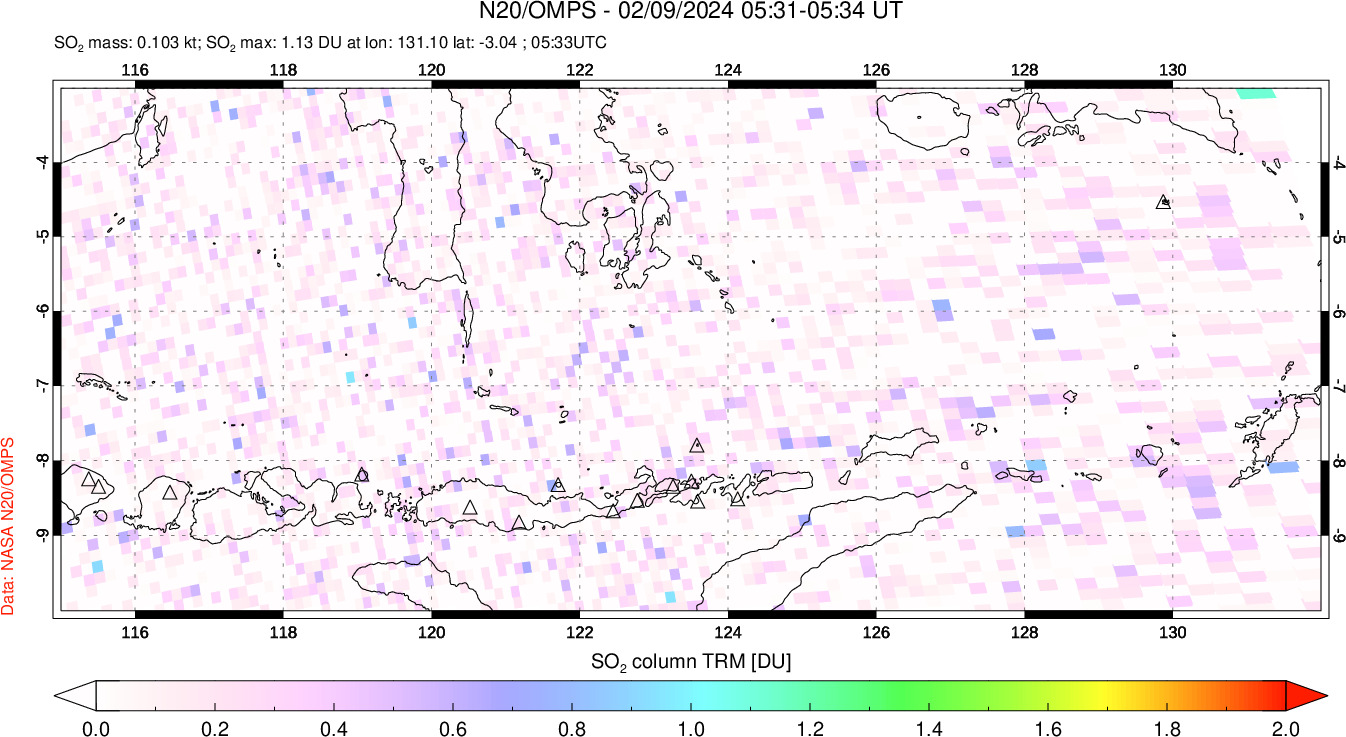 A sulfur dioxide image over Lesser Sunda Islands, Indonesia on Feb 09, 2024.