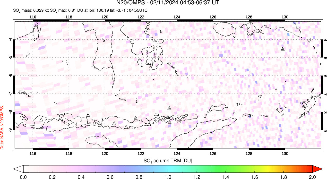 A sulfur dioxide image over Lesser Sunda Islands, Indonesia on Feb 11, 2024.