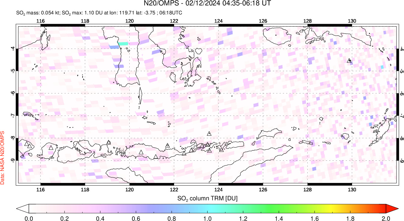 A sulfur dioxide image over Lesser Sunda Islands, Indonesia on Feb 12, 2024.