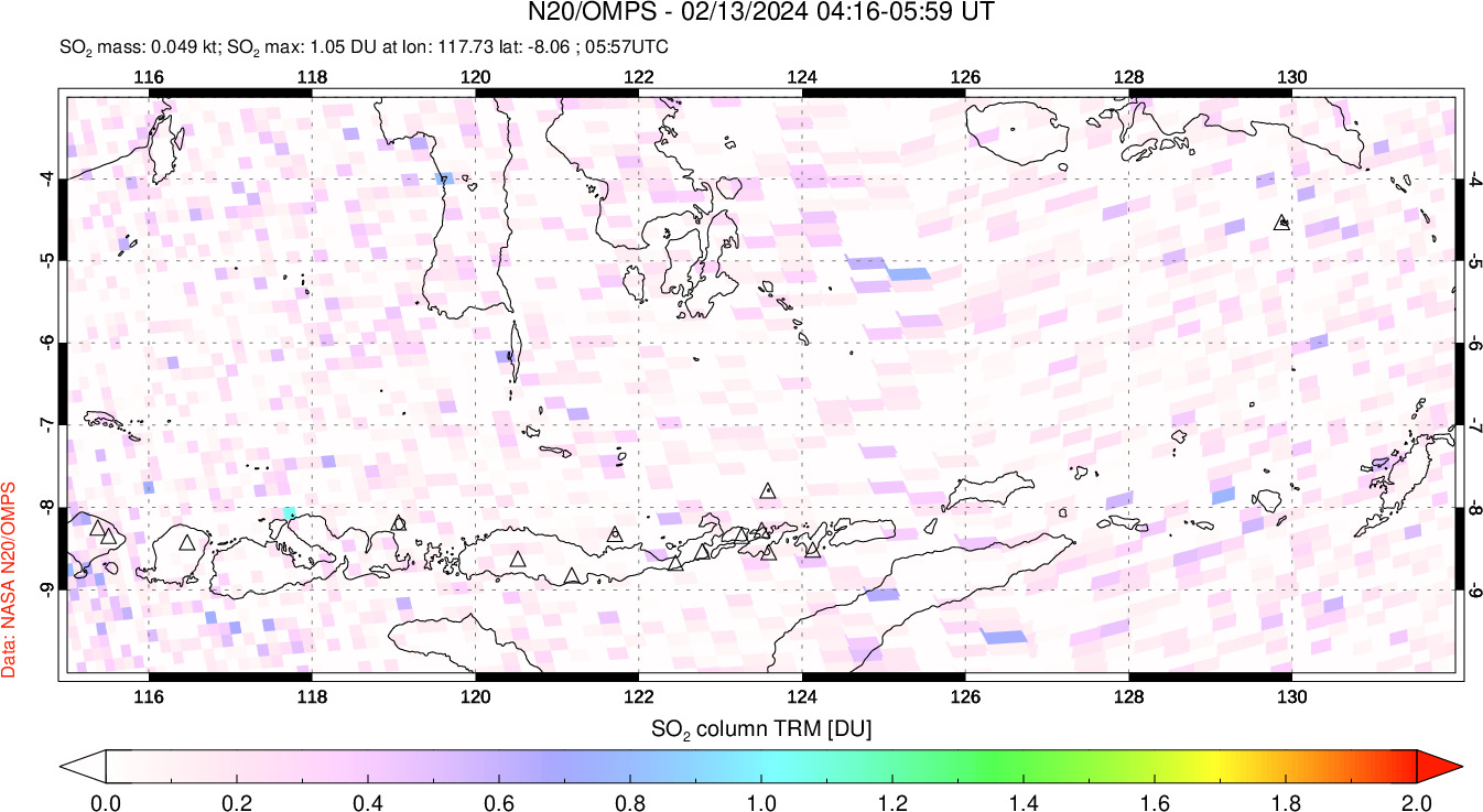 A sulfur dioxide image over Lesser Sunda Islands, Indonesia on Feb 13, 2024.