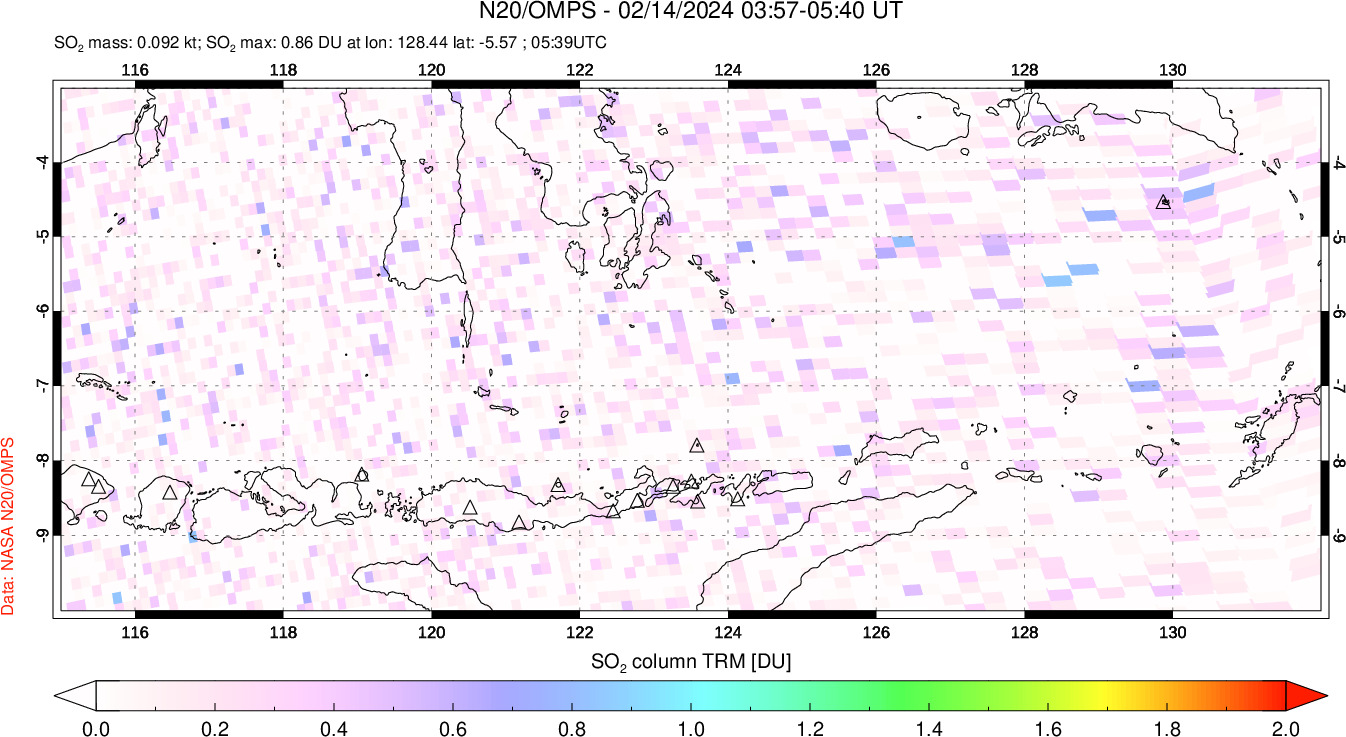 A sulfur dioxide image over Lesser Sunda Islands, Indonesia on Feb 14, 2024.