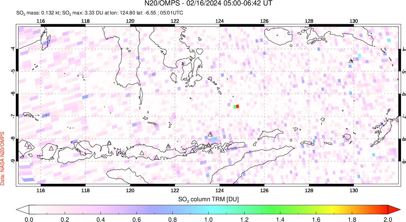 A sulfur dioxide image over Lesser Sunda Islands, Indonesia on Feb 16, 2024.