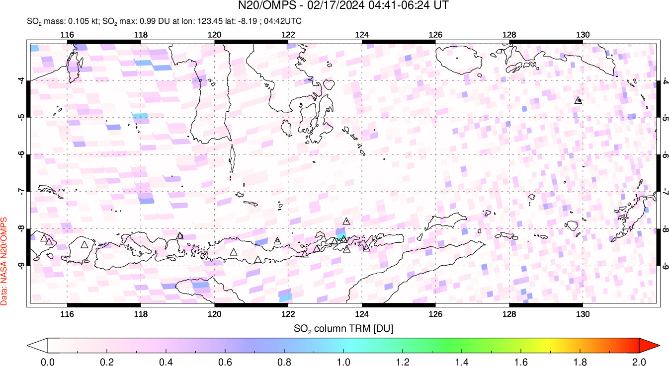 A sulfur dioxide image over Lesser Sunda Islands, Indonesia on Feb 17, 2024.