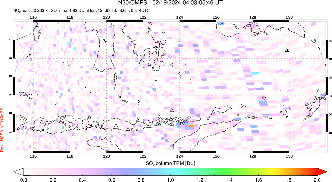 A sulfur dioxide image over Lesser Sunda Islands, Indonesia on Feb 19, 2024.