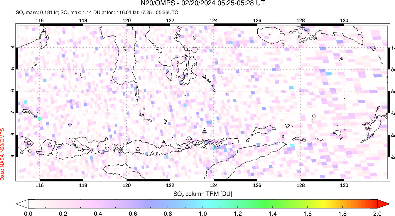 A sulfur dioxide image over Lesser Sunda Islands, Indonesia on Feb 20, 2024.