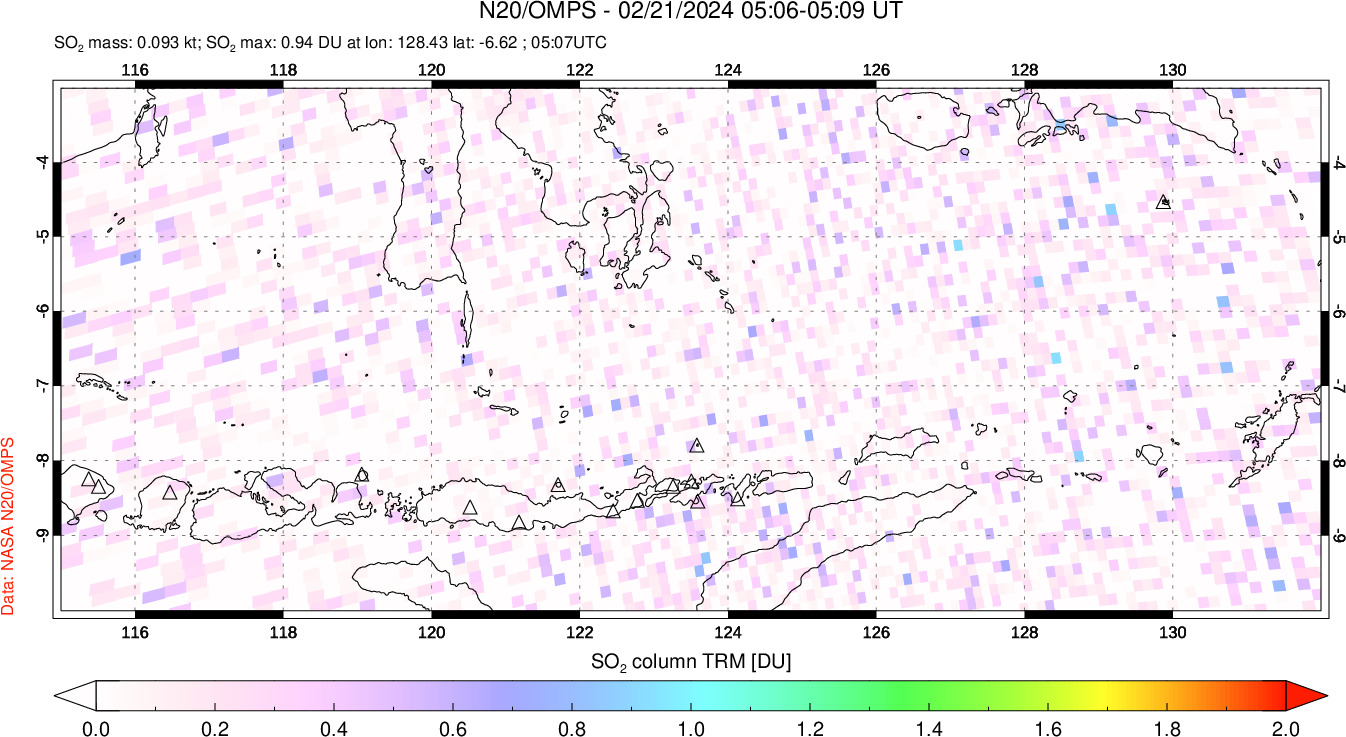 A sulfur dioxide image over Lesser Sunda Islands, Indonesia on Feb 21, 2024.