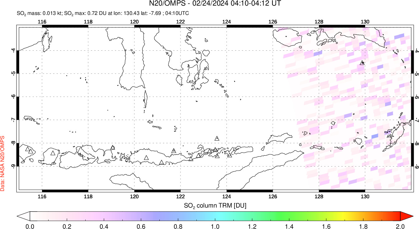 A sulfur dioxide image over Lesser Sunda Islands, Indonesia on Feb 24, 2024.