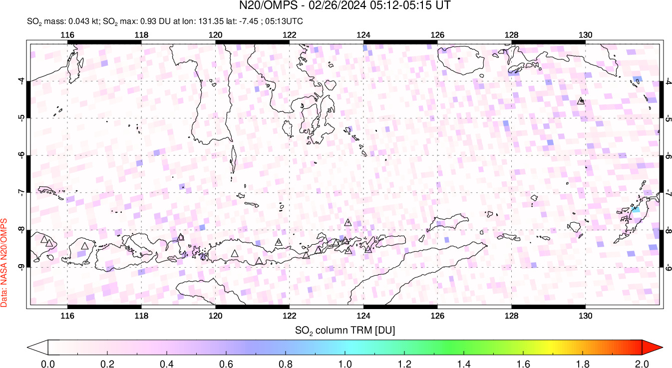 A sulfur dioxide image over Lesser Sunda Islands, Indonesia on Feb 26, 2024.